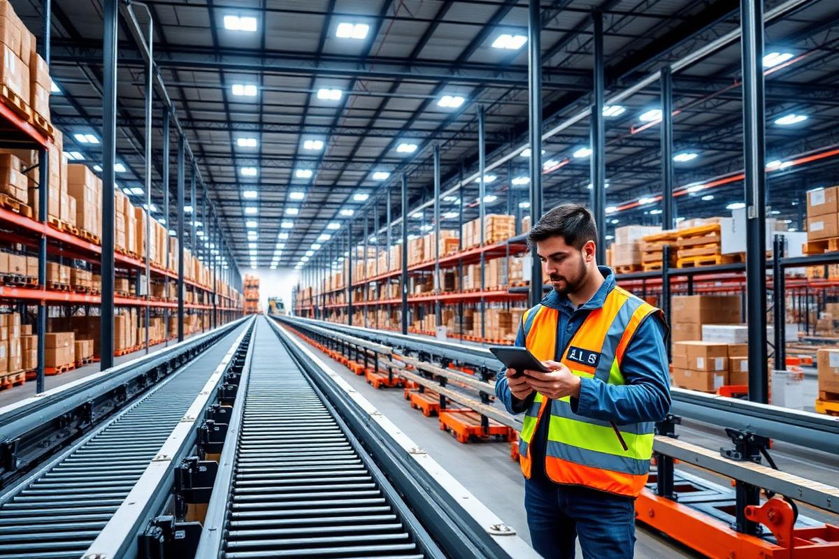 Worker in a warehouse using a tablet next to conveyors